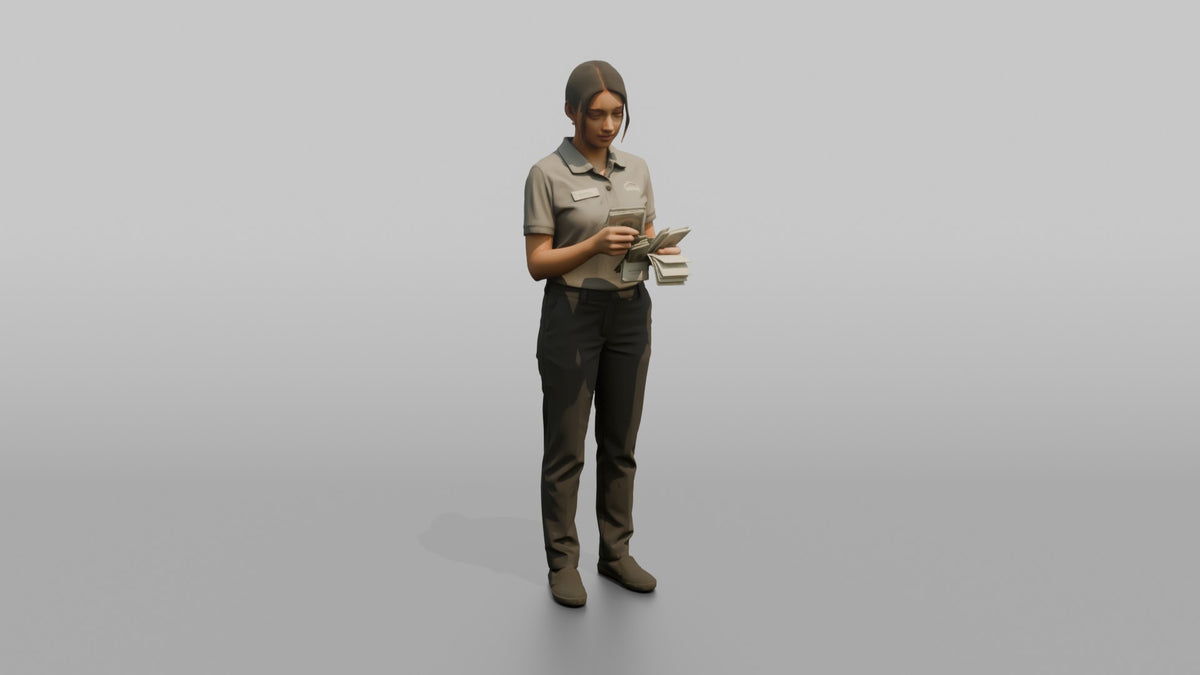 Woman Cashier Counting A Stack Of Cash Bills - 3D character model