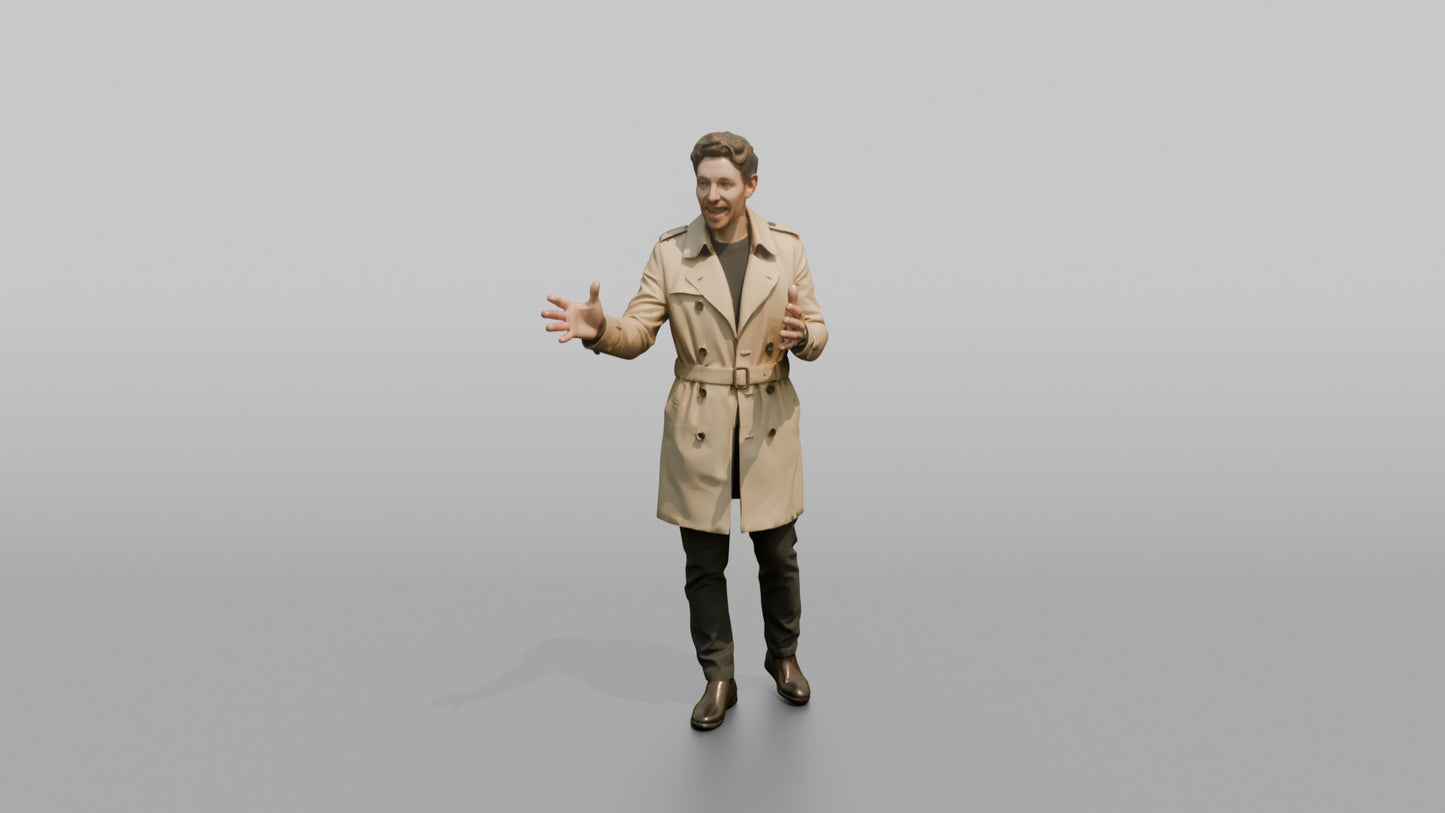 European Man in a Trench Coat, Gesturing Mid-Conversation