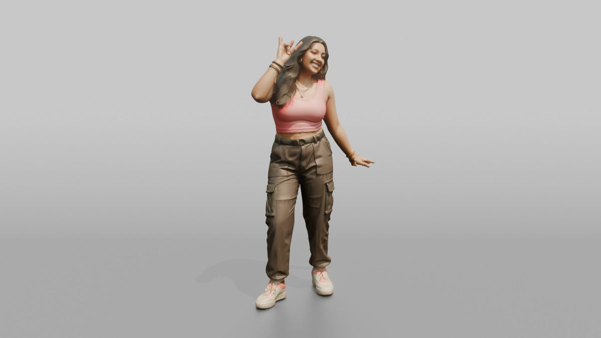Patron Woman Striking A Playful Pose In A Neon Crop Top And Cargo Pants - 3D character model