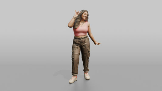 Patron Woman Striking A Playful Pose In A Neon Crop Top And Cargo Pants - 3D character model