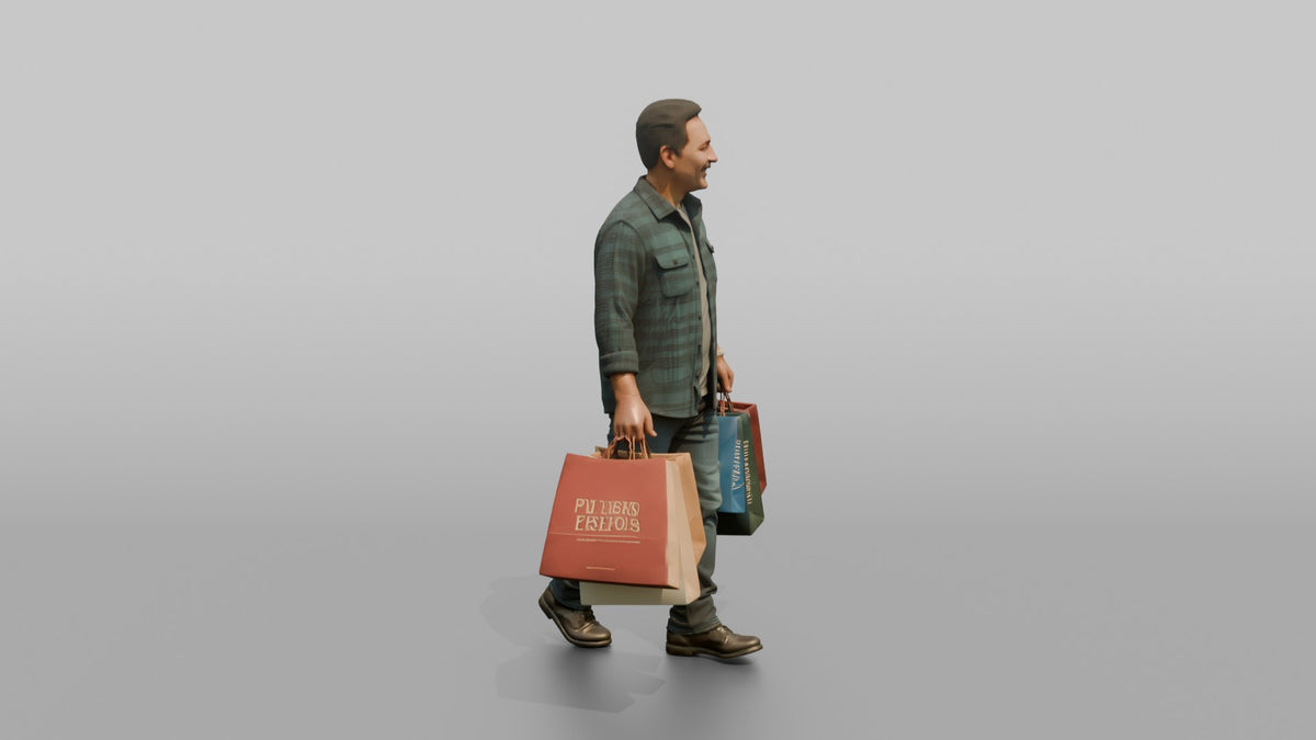 Man Customer Carrying Several Shopping Bags In Both Hands - 3D character model, view 2