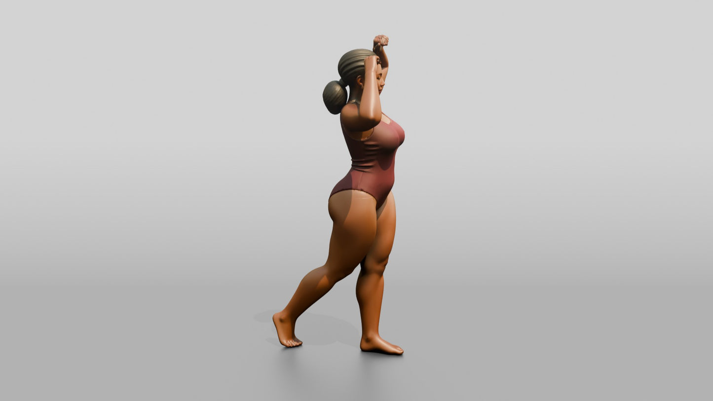 Curvy Woman in Rose Two-Piece Swimsuit Arms Raised