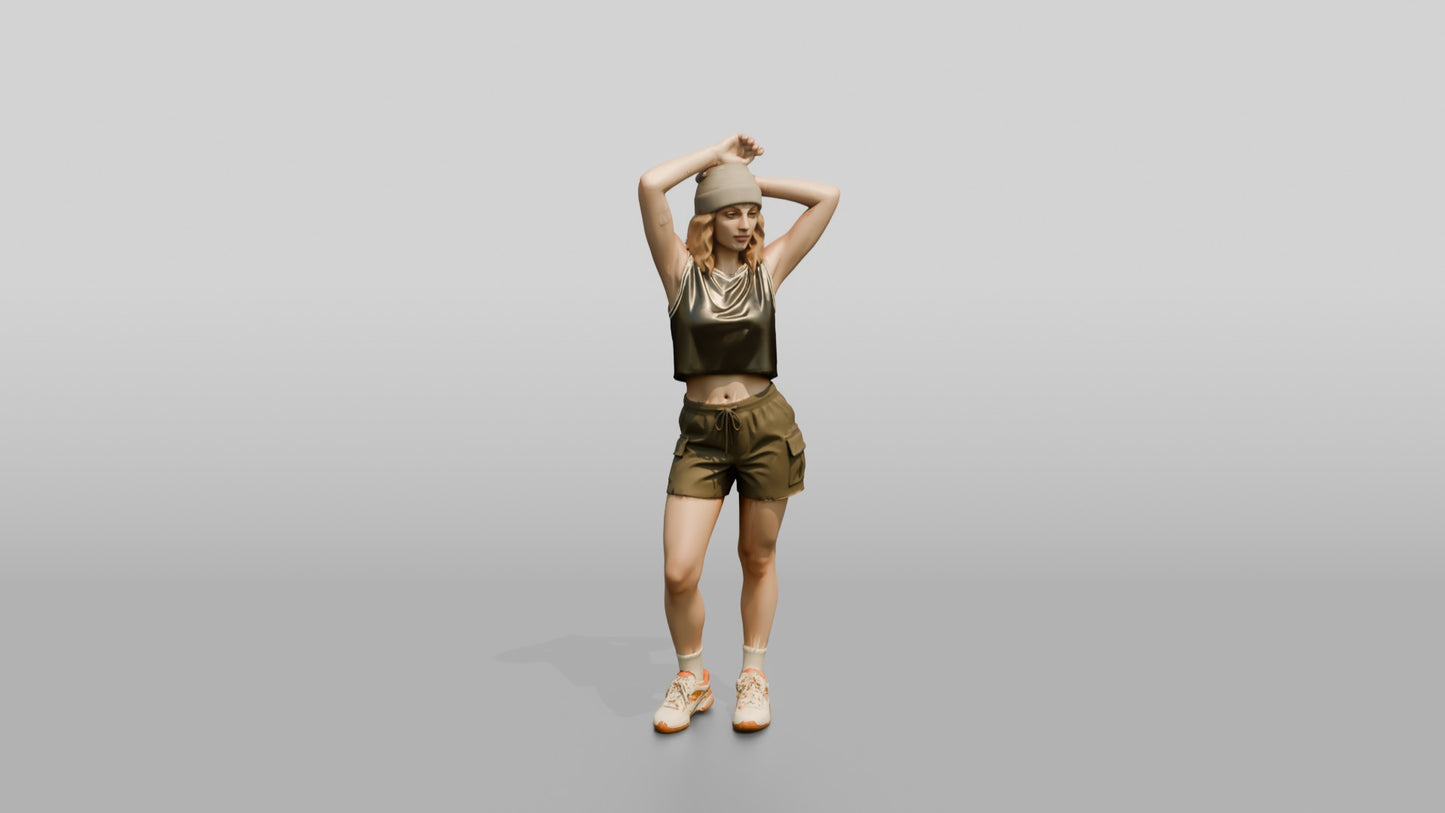 Woman Stretching Arms Overhead in Olive Cargo Shorts