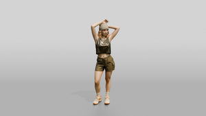 Woman Stretching Arms Overhead in Olive Cargo Shorts - 3D character model, view 1
