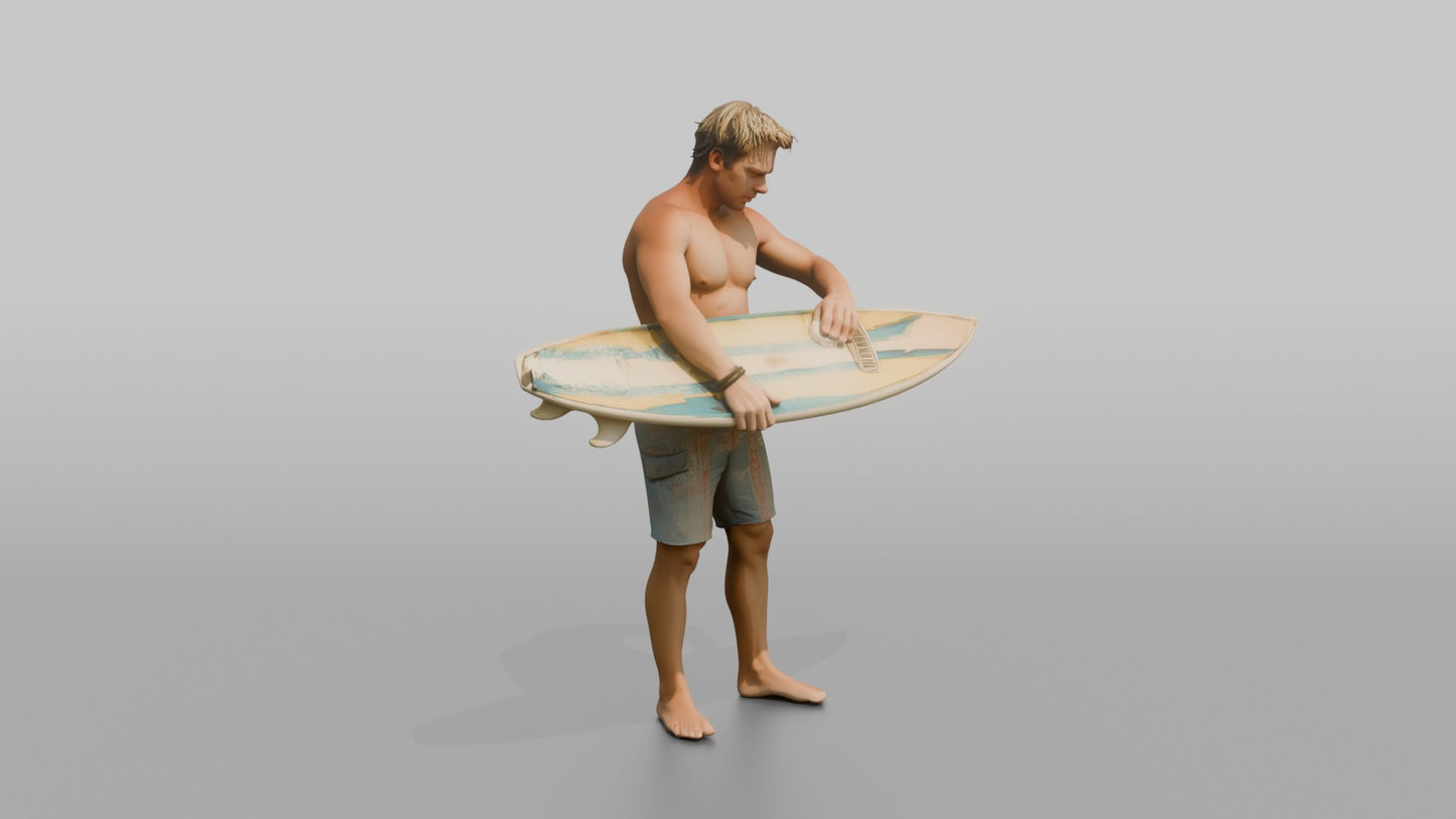 Surfer Waxing His Surfboard