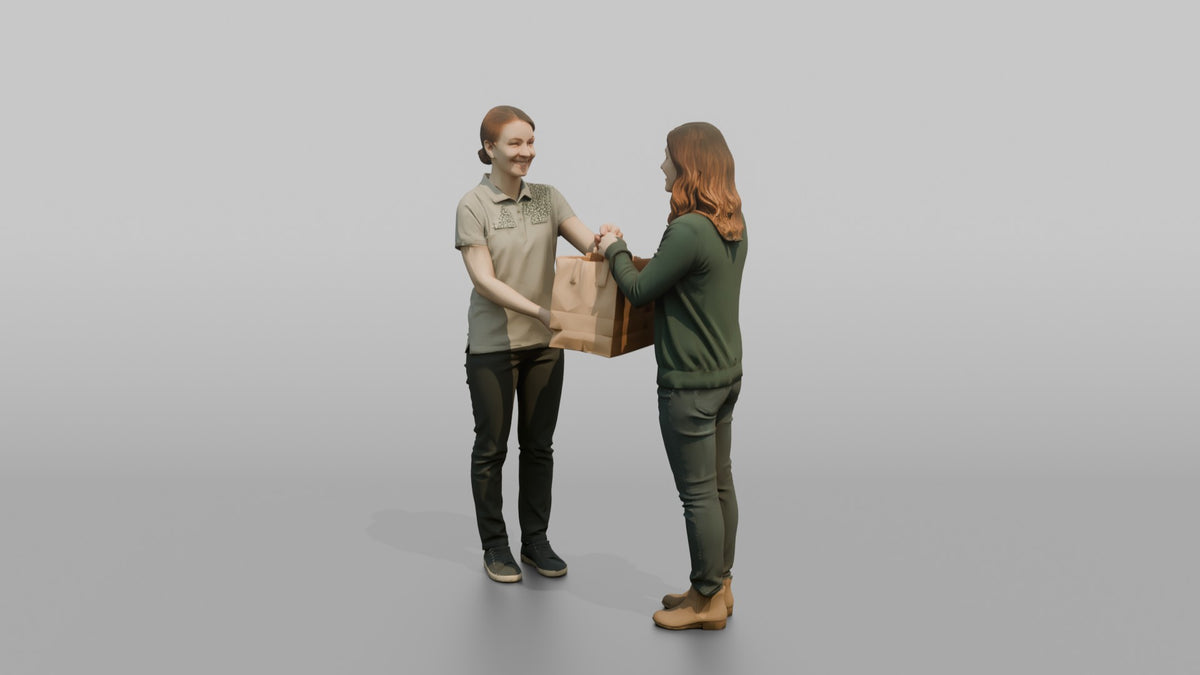 Woman Cashier Handing A Paper Shopping Bag To A Customer - 3D character model, view 4