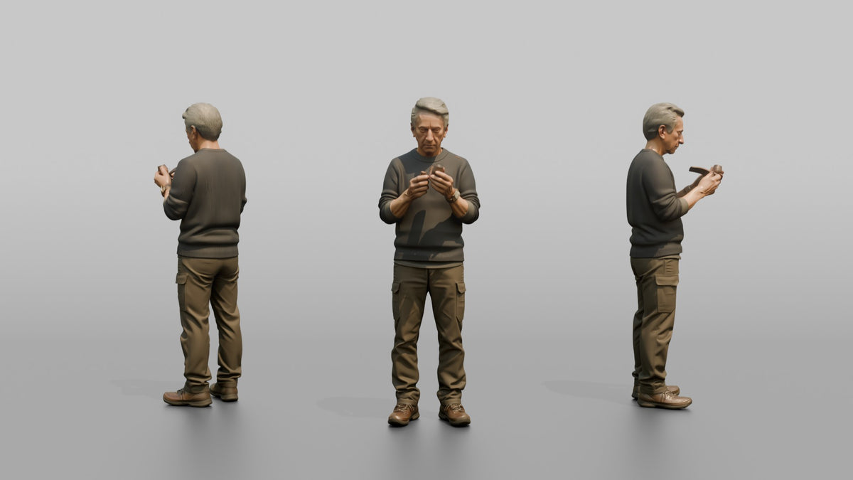 Grandfather Holding A Pipe, Examining It Thoughtfully - 3D character model, view 1
