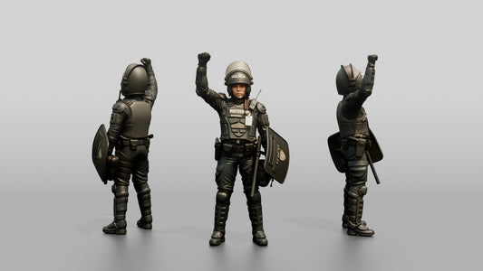Riot Police Officer with Raised Fist and Shield