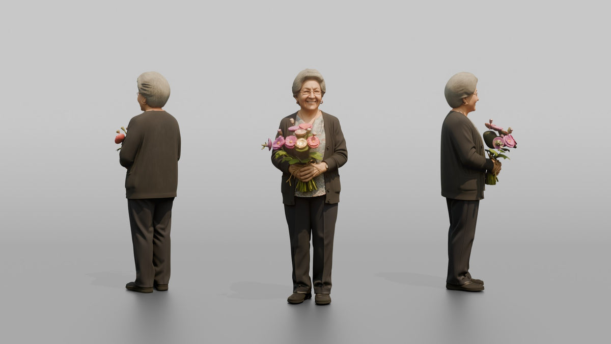 Grandmother Holding A Bouquet Of Garden Flowers - 3D character model, view 1