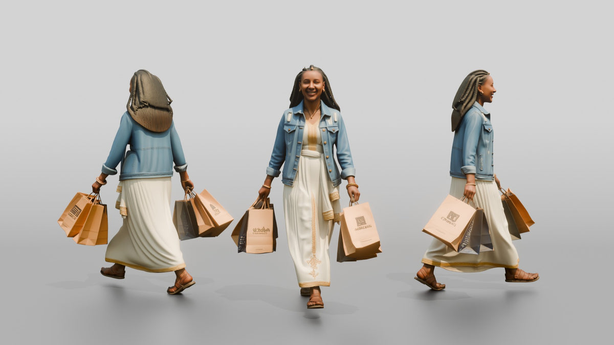Slender African Woman in Denim Jacket Carrying Shopping Bags - 3D character model