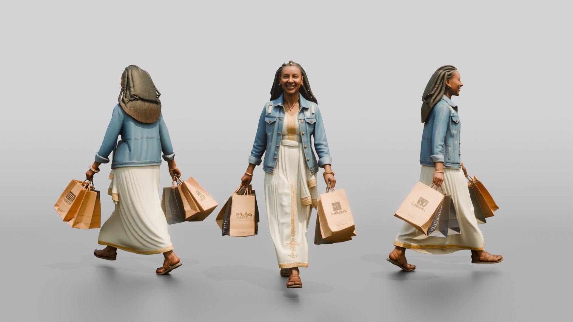 Slender African Woman in Denim Jacket Carrying Shopping Bags