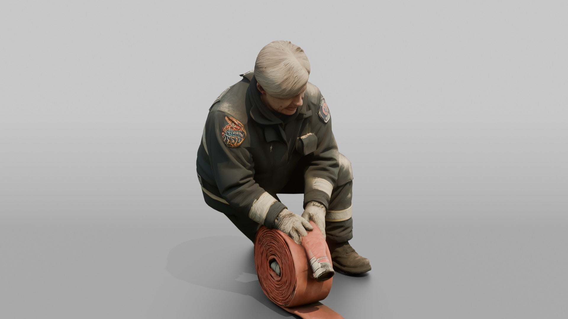 Firefighter Woman Rolling Up a Flat Fire Hose on the Ground