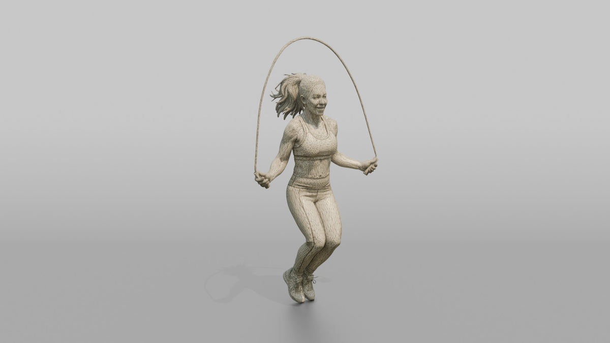 Cardio Athlete Woman Mid-jump With A Jump Rope - wireframe topology preview