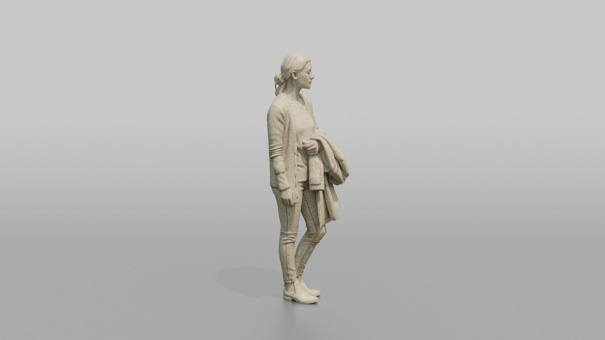 Woman Customer Holding A Coat Over One Arm While Browsing - wireframe topology preview