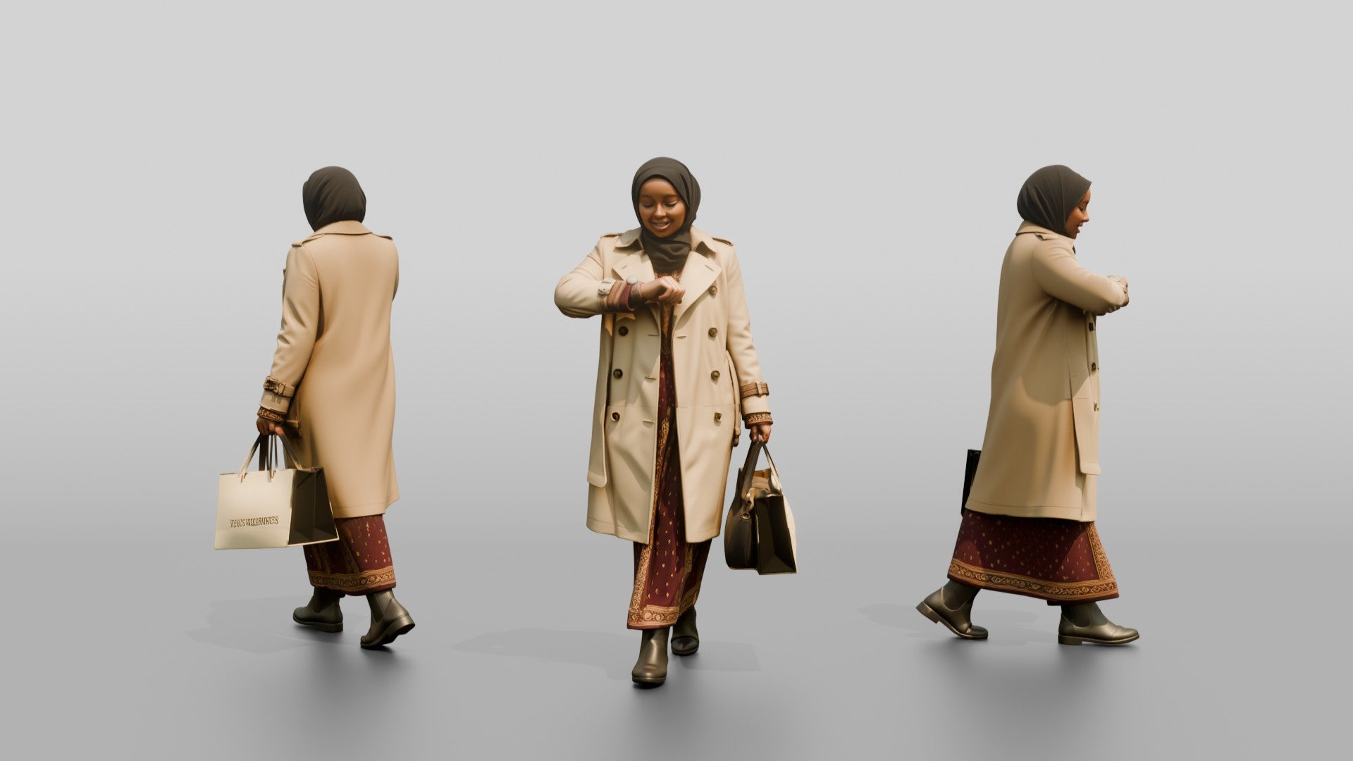 Woman in Hijab and Trench Coat Checking Her Watch