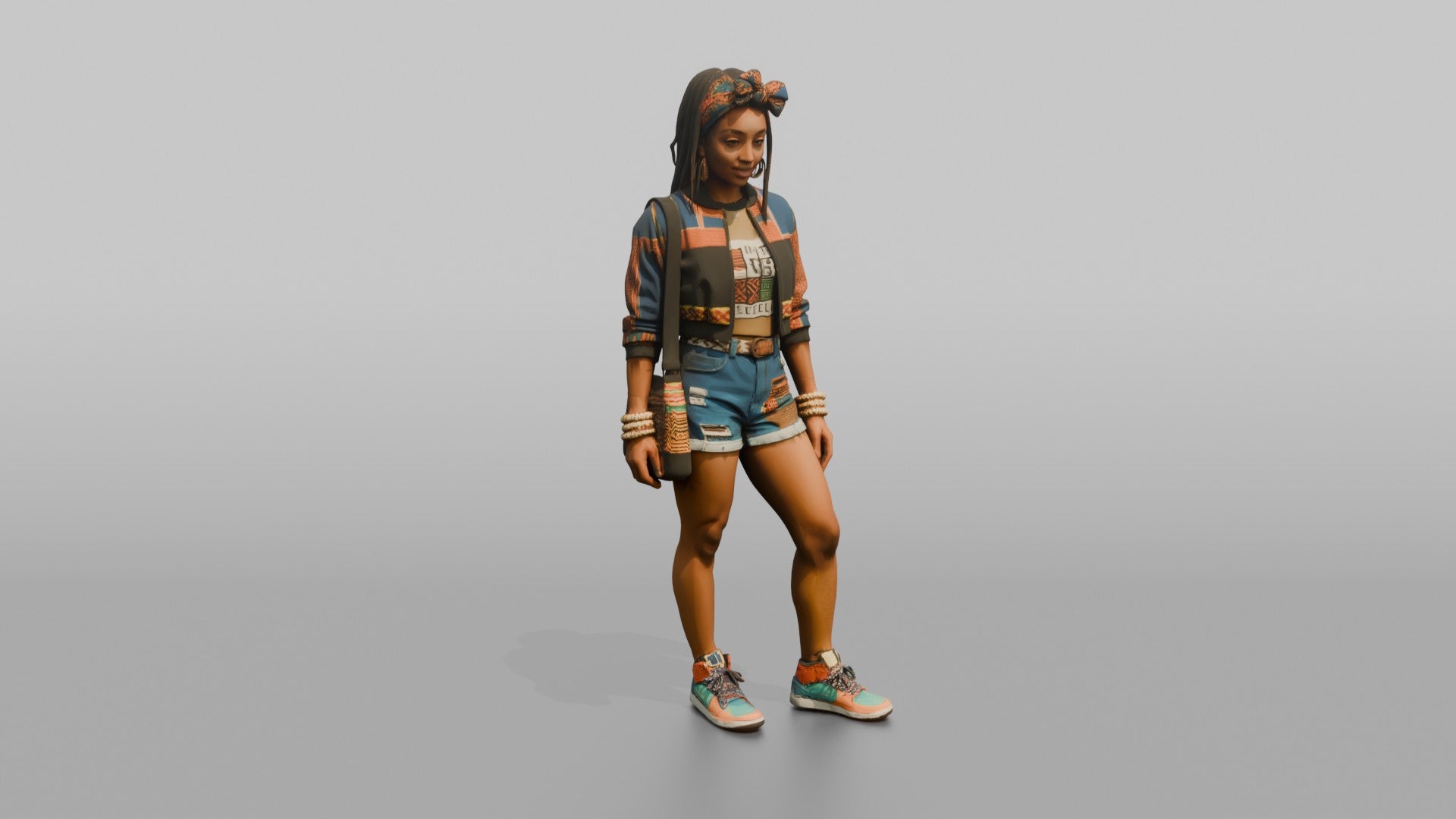 African Woman in Print Crop Sweater and Denim Shorts