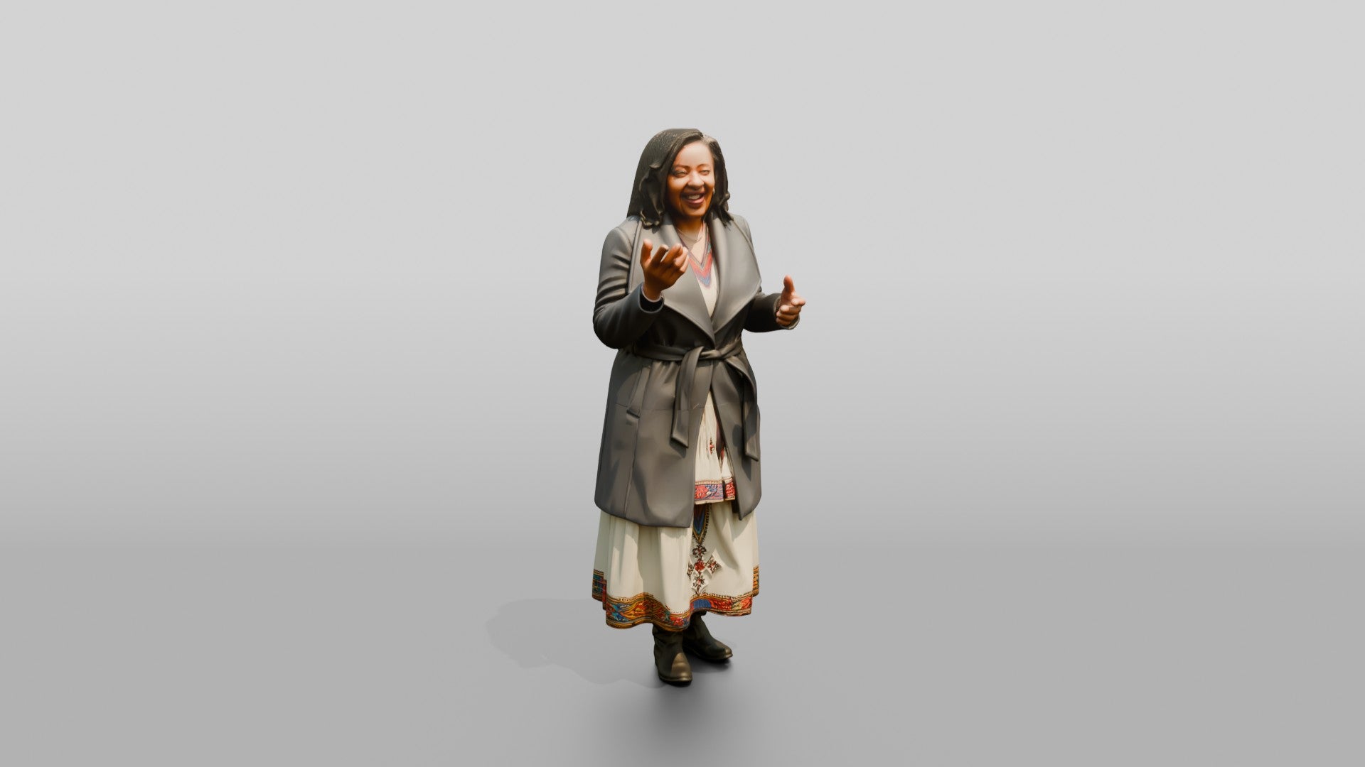 Plus-Size African Woman Laughing in a Wrap Coat
