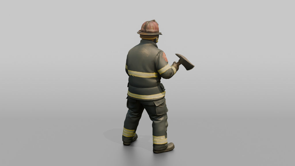 Firefighter Man Holding a Fire Axe in a Ready Stance