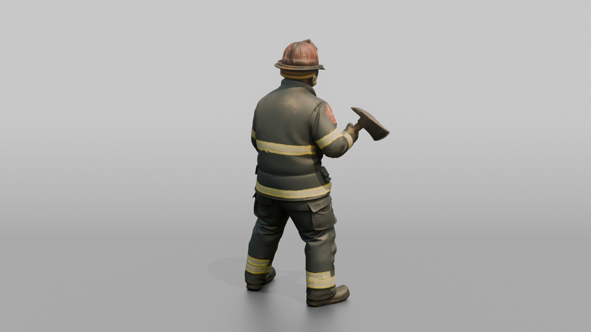 Firefighter Man Holding a Fire Axe in a Ready Stance
