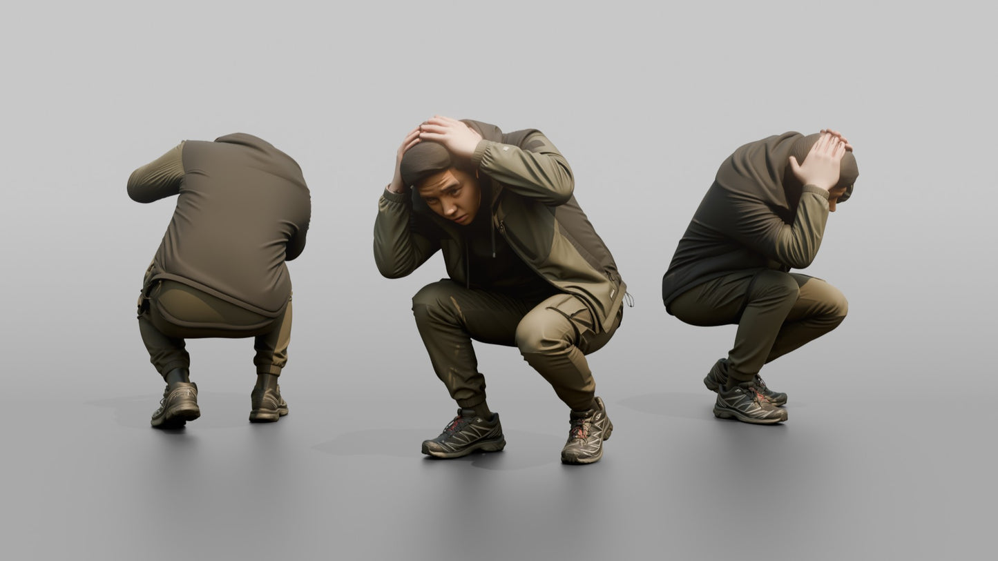 Protester Man Crouching with Hands on His Head