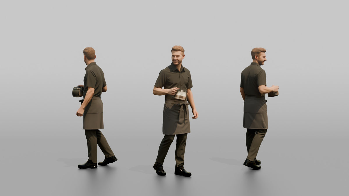 Server Man Carrying A Coffee Pot In One Hand - 3D character model, view 1