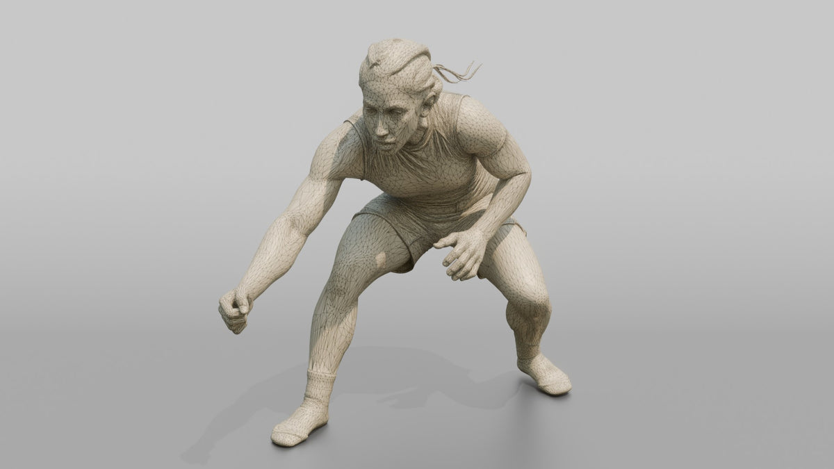 BJJ Fighter Crouched Stance Shooting for an Ankle Pick - wireframe topology preview