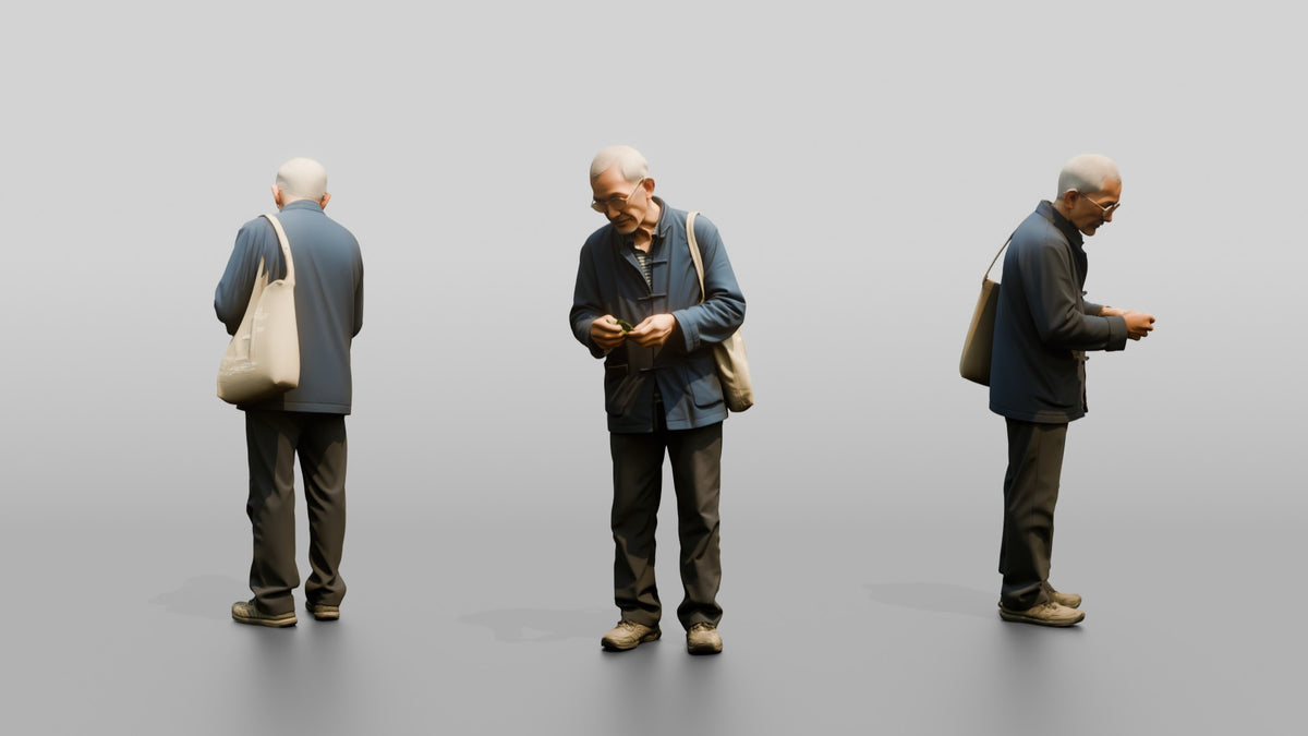 Elderly Chinese Man Walking with Shoulder Bag - 3D character model
