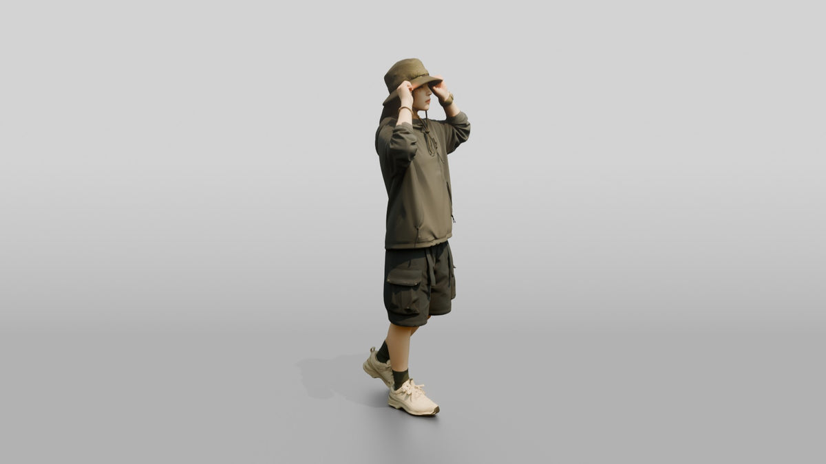 Woman Adjusting Her Tactical Bucket Hat - 3D character model, view 2