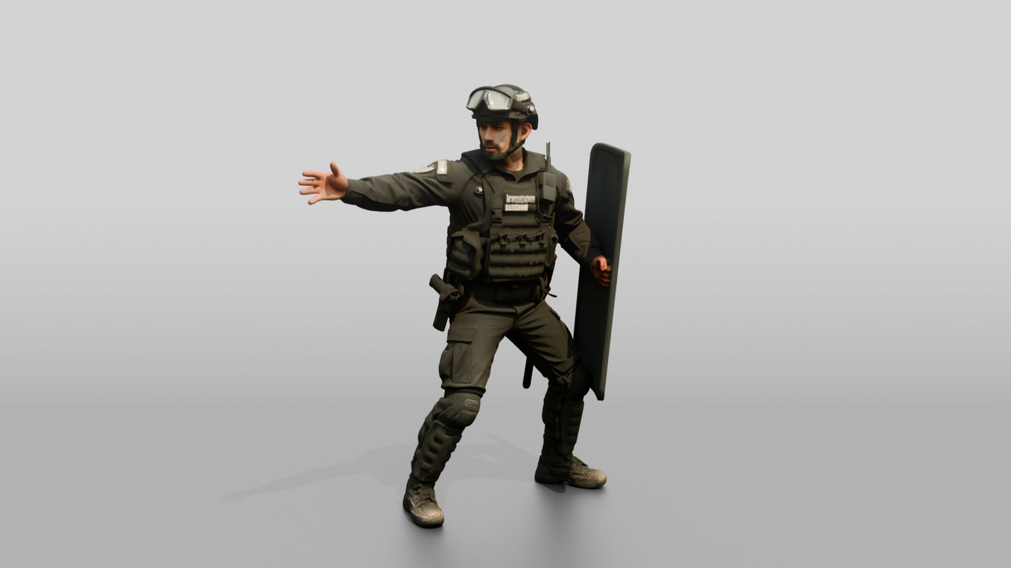 Riot Police Officers Interacting with Shields