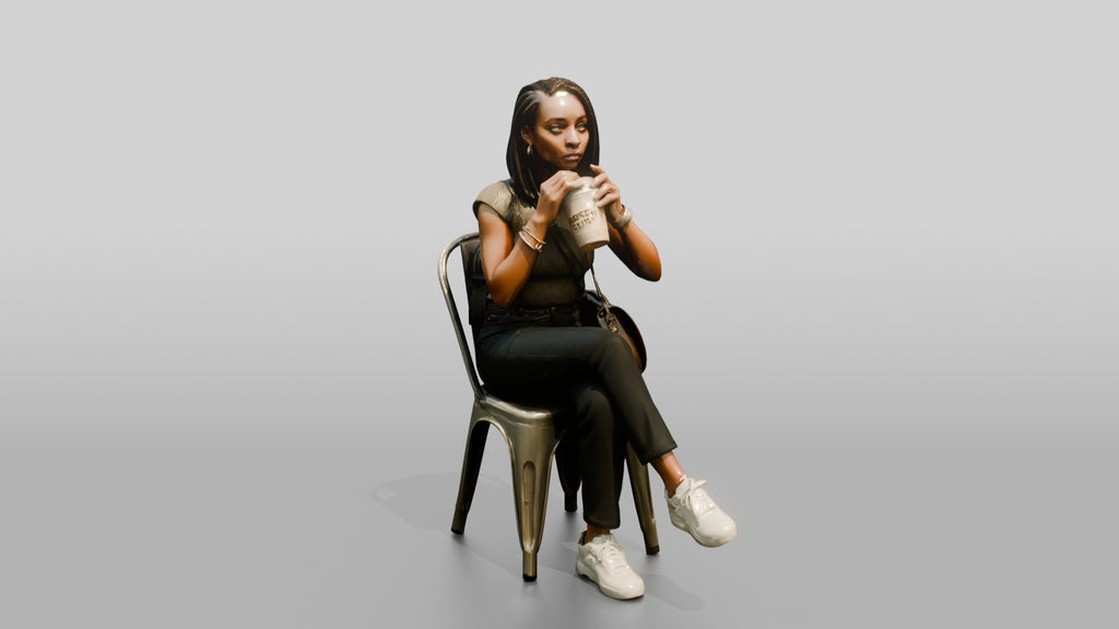 Young Black Woman Seated Drinking Coffee with Handbag