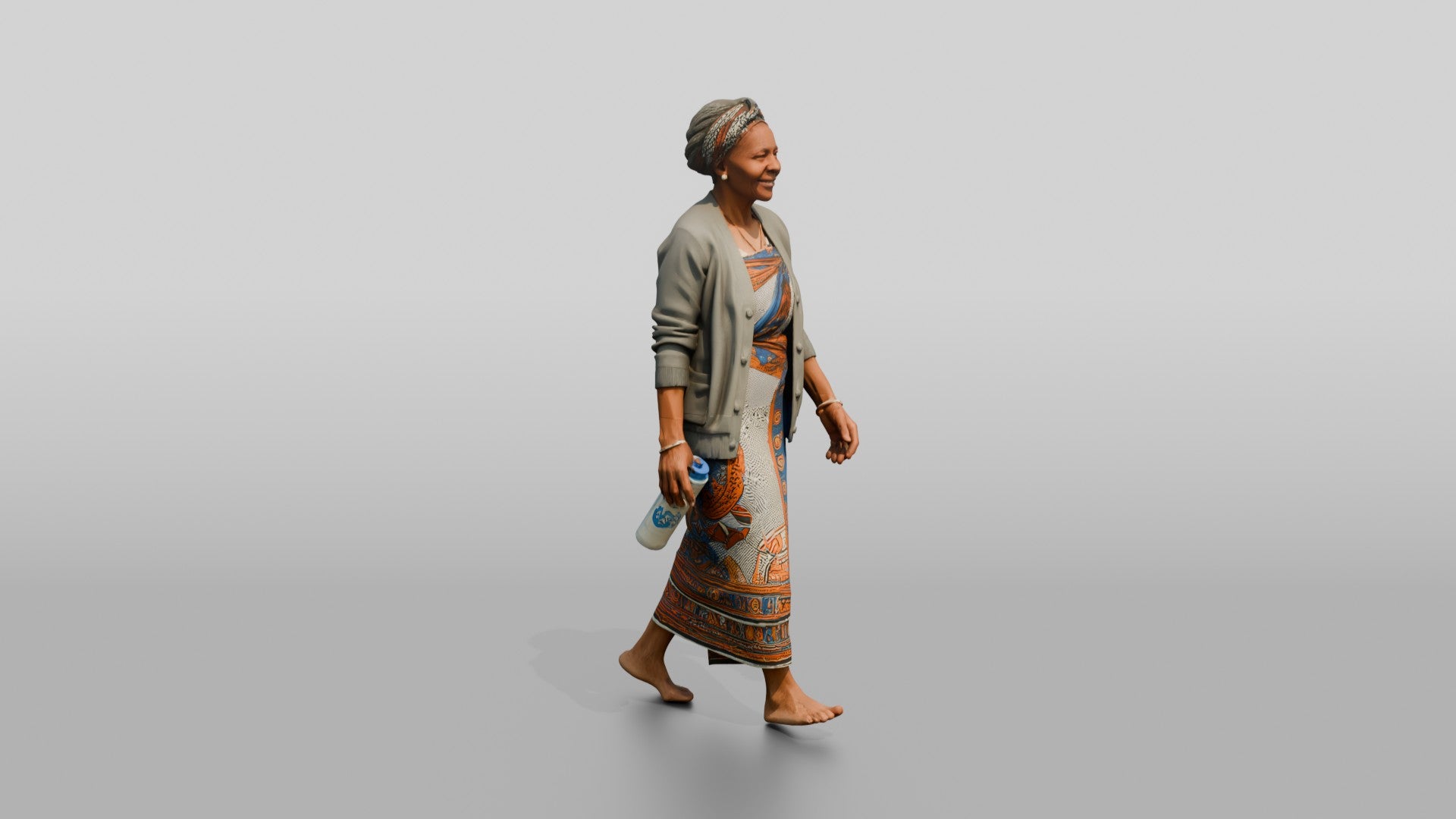 Elderly African Woman with a Water Bottle in a Wrap Dress