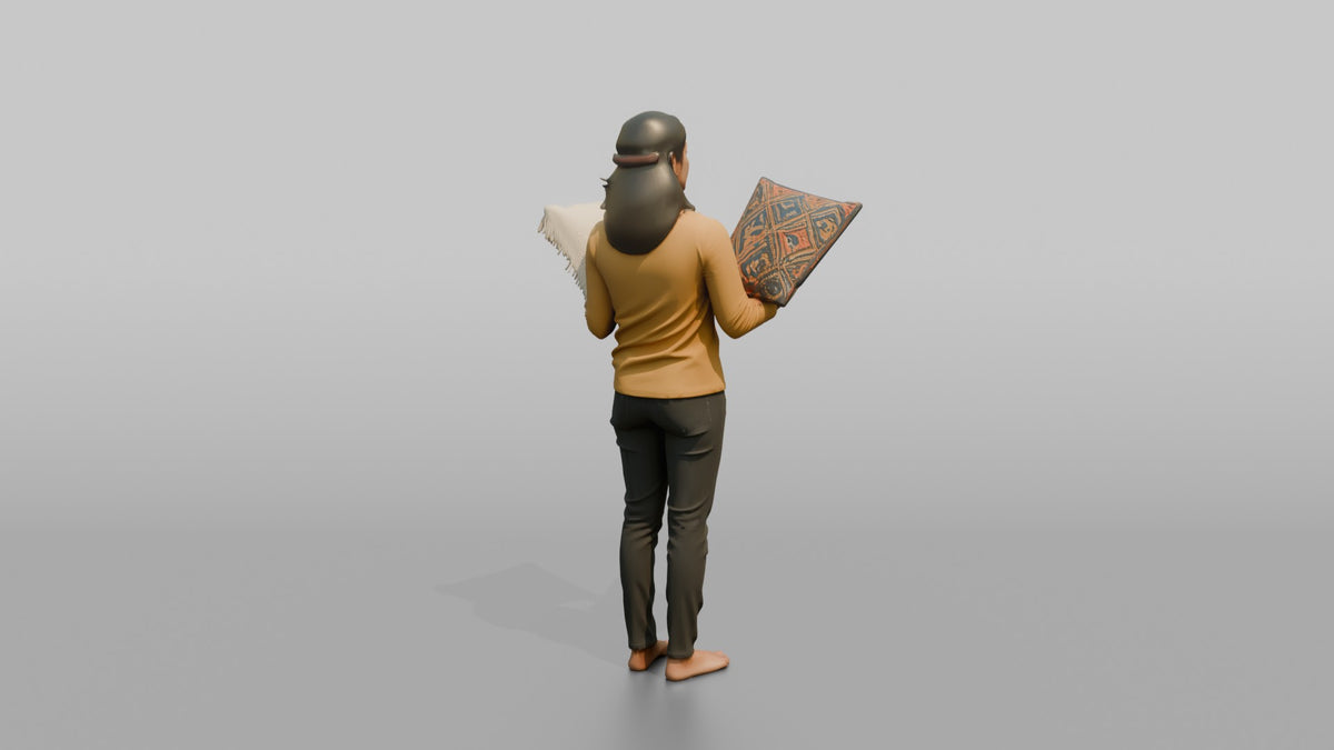 Woman Customer Comparing Two Throw Pillows Side By Side - 3D character model, view 3