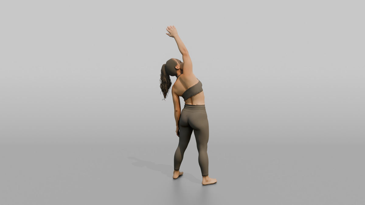 Fitness Influencer Woman Doing A Standing Side Stretch, One Arm Overhead - 3D character model, view 3