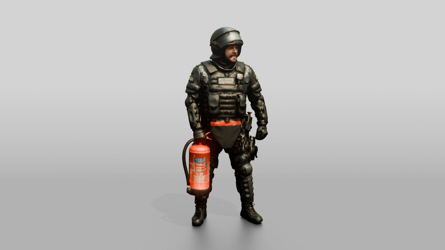 Riot Police Officer with Fire Extinguisher