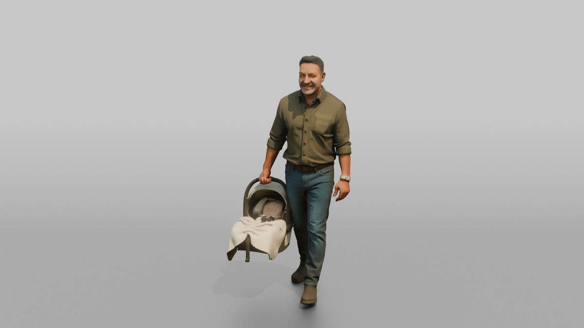 Father Carrying A Car Seat By Its Handle At His Side - 3D character model, view 4