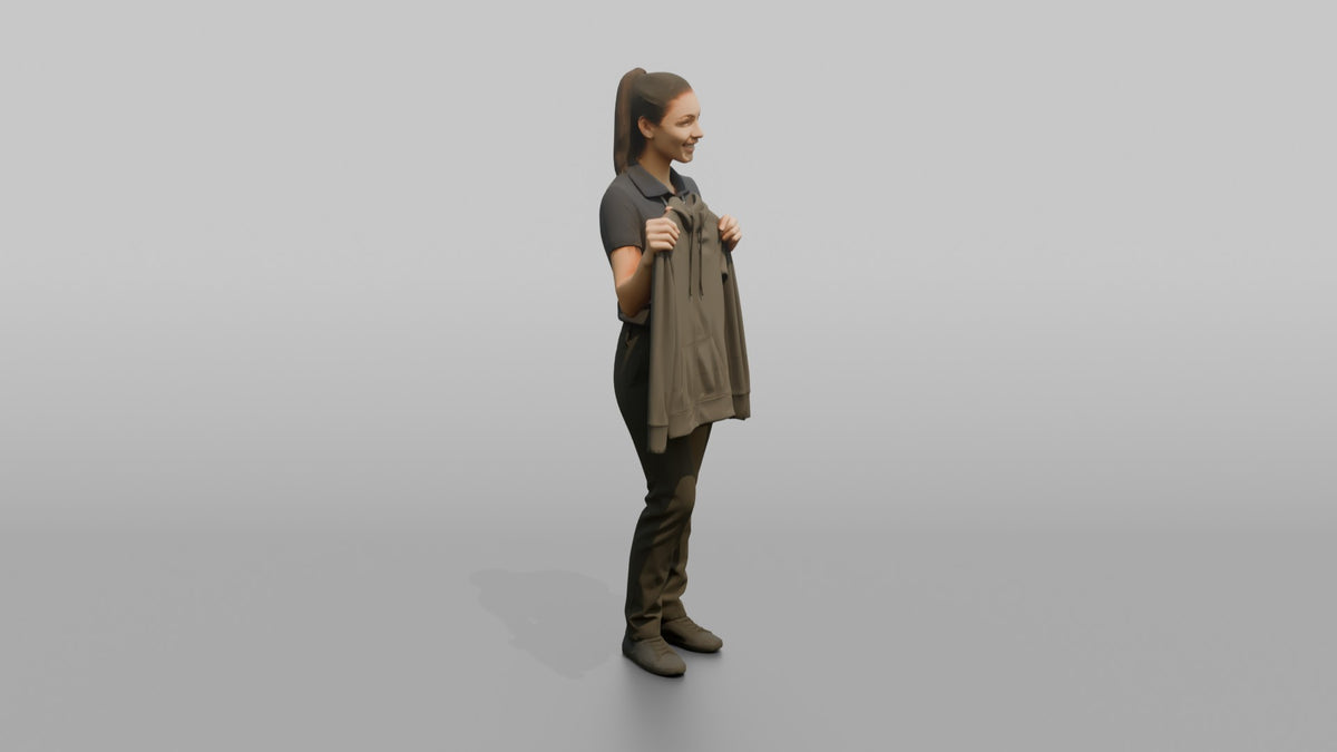 Woman Sales Associate Holding Up A Jacket For Size Comparison - 3D character model, view 2