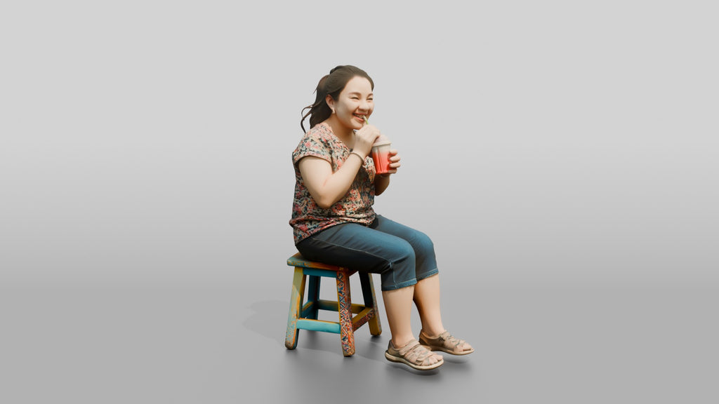Chinese Woman Sitting on a Stool Drinking