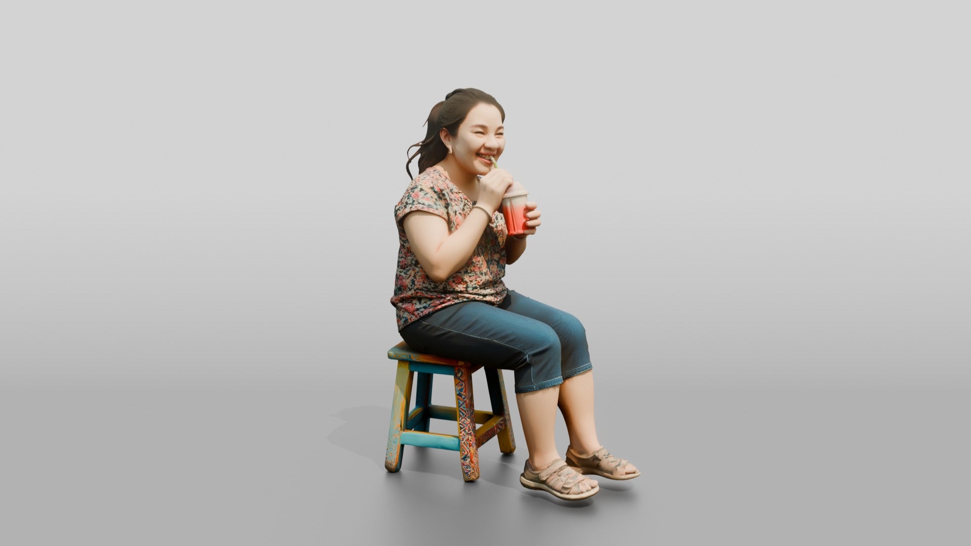 Chinese Woman Sitting on a Stool Drinking