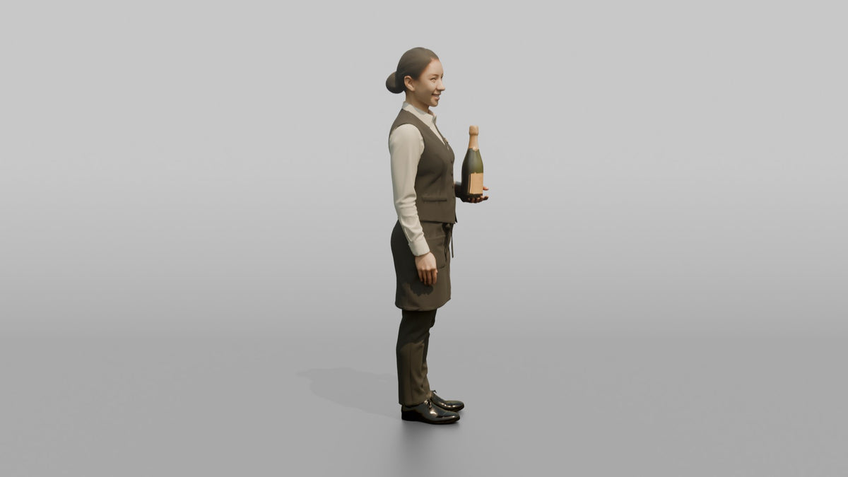 Cocktail Server Woman Holding A Bottle Of Champagne - 3D character model, view 2