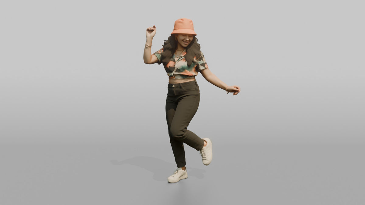 Patron Woman Wearing A Bucket Hat In A Bright Color, Dancing Casually - 3D character model, view 5