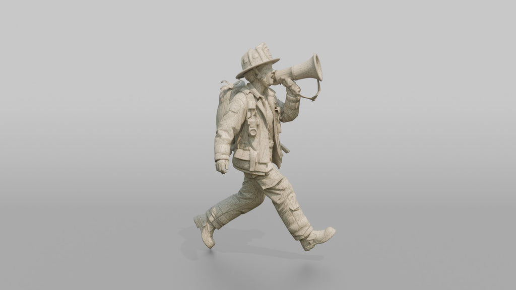 Firefighter Woman Running While Holding a Portable Megaphone