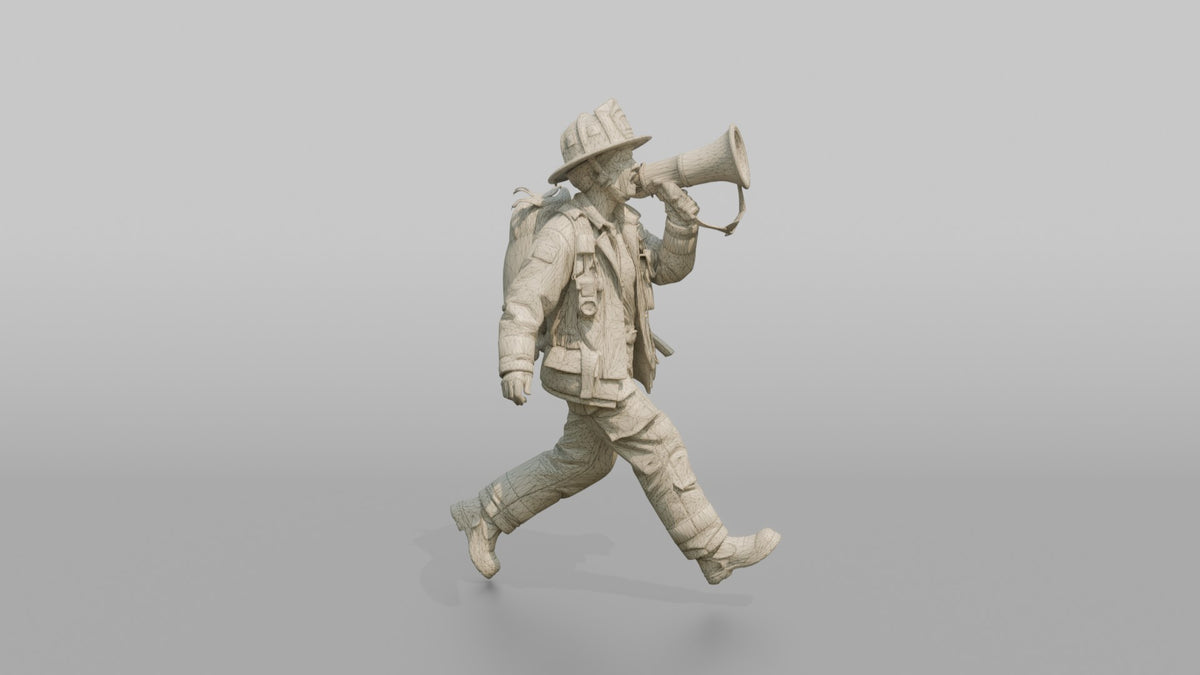 Firefighter Woman Running While Holding a Portable Megaphone - wireframe topology preview
