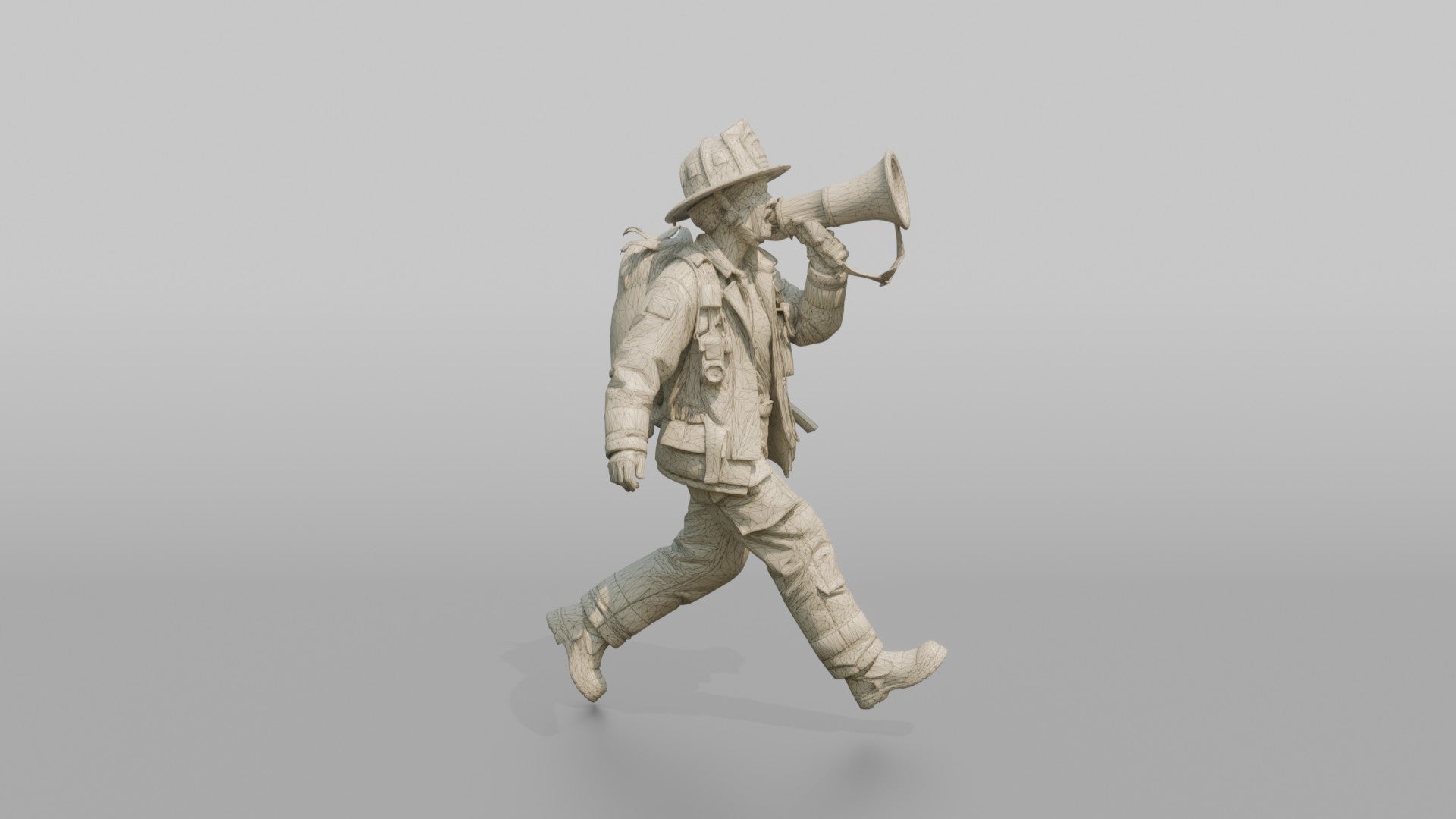 Firefighter Woman Running While Holding a Portable Megaphone
