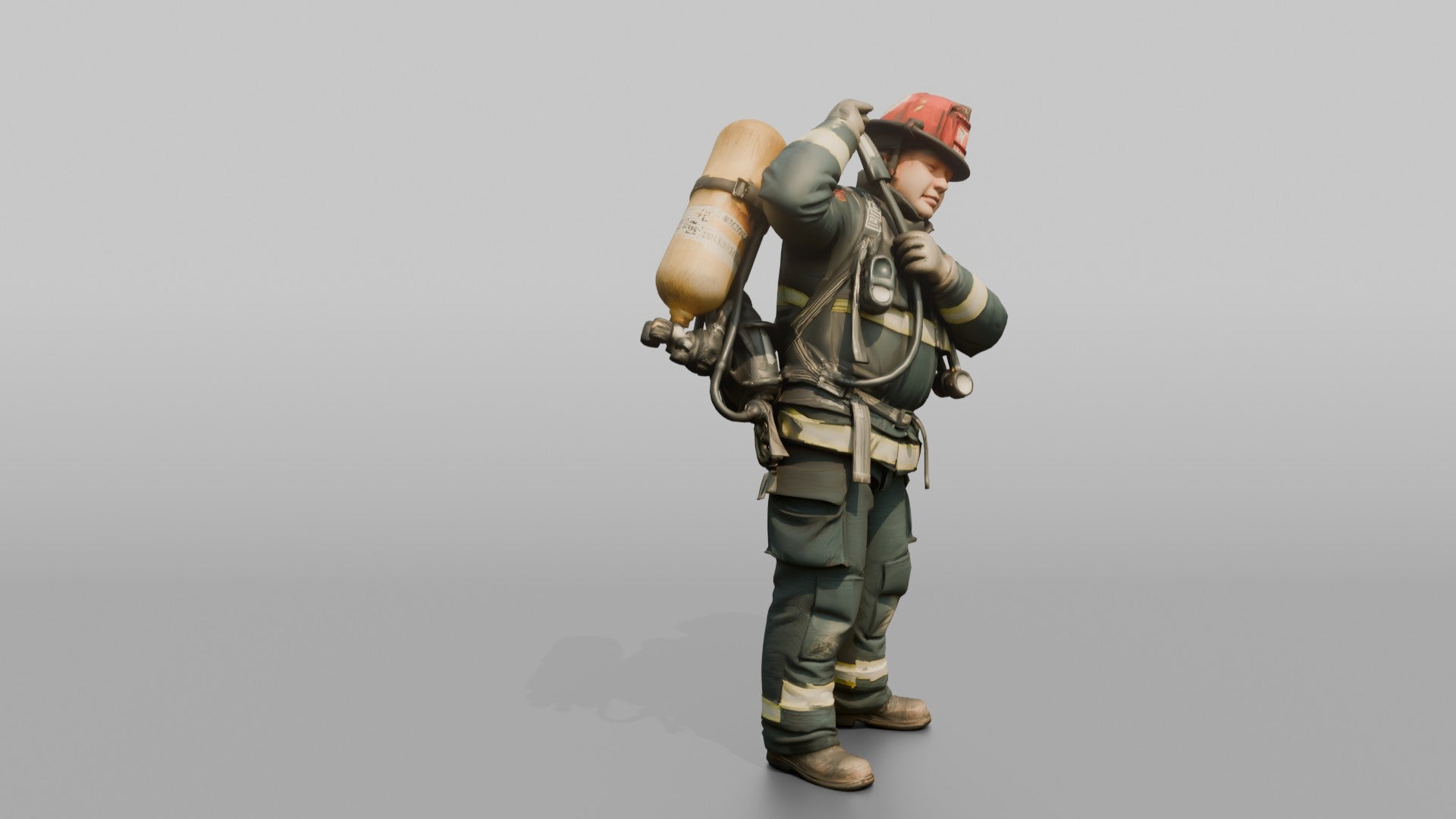 Firefighter Man Hoisting an SCBA Tank Onto His Back