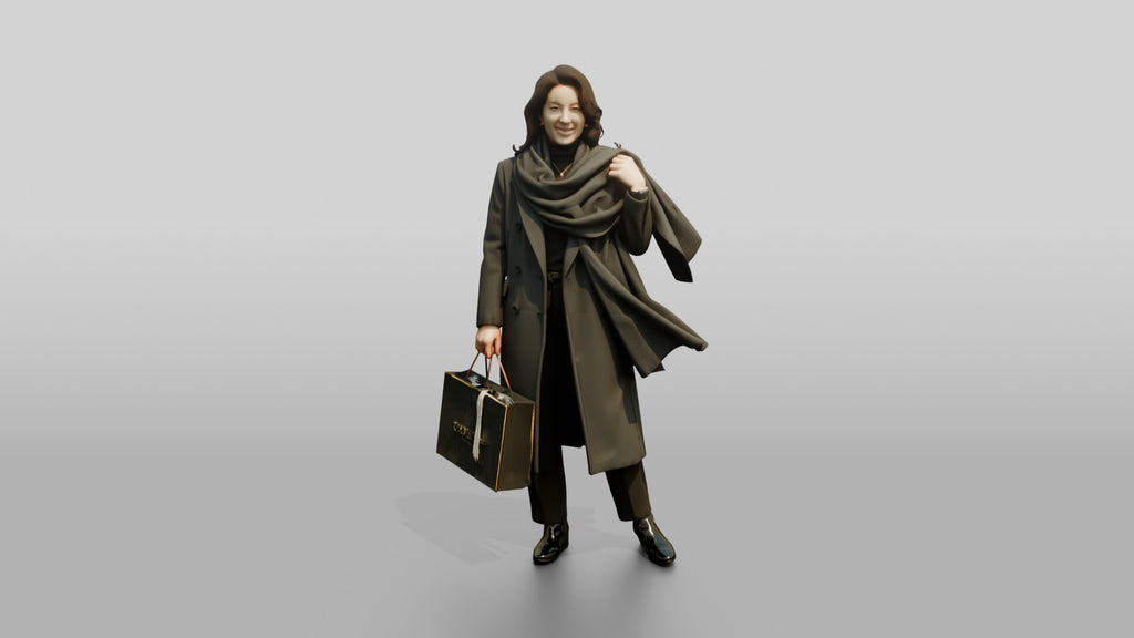 Woman Adjusting Scarf with Designer Shopping Bag