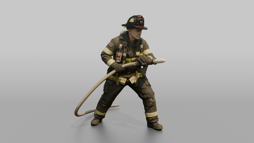Firefighter Man Bracing Himself While Holding a Pressurized Fire Hose