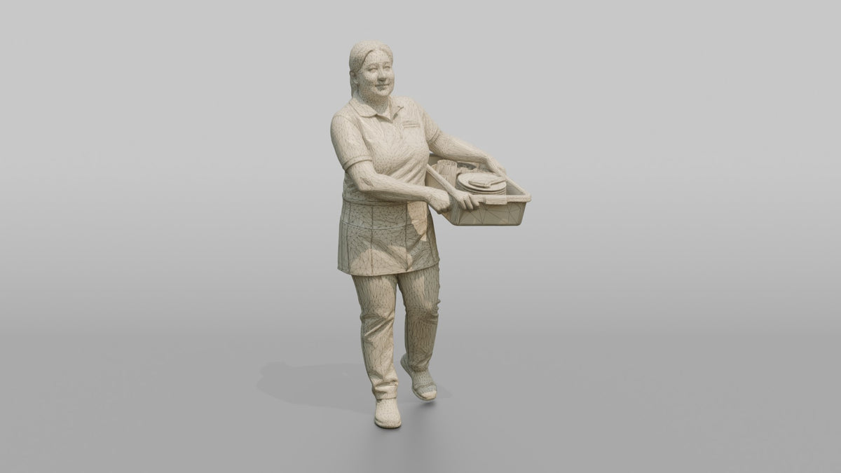 Server Woman Carrying A Bus Tub Of Dishes - wireframe topology preview