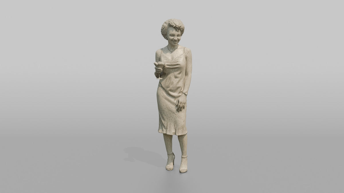 Patron Woman Standing Holding A Cocktail Glass, Relaxed Pose - wireframe topology preview