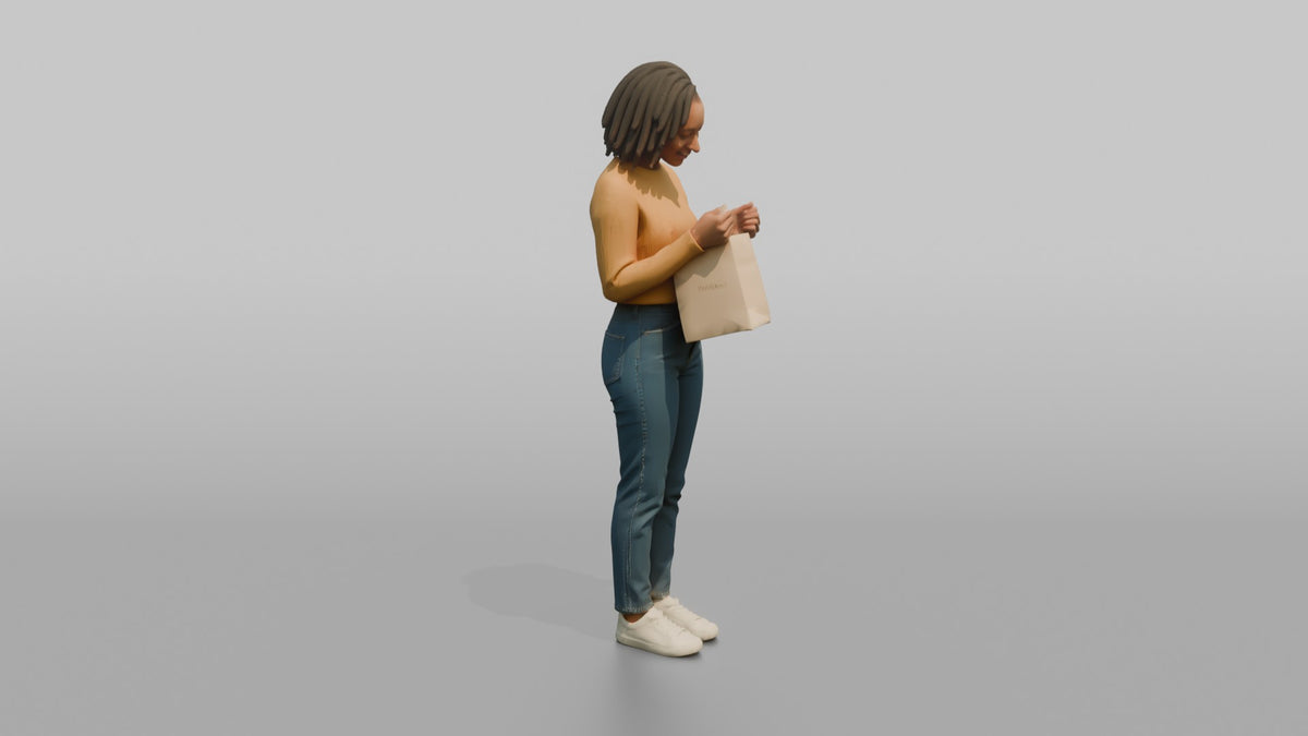 Woman Customer Holding A Shopping Bag Up To Check Its Contents - 3D character model, view 2