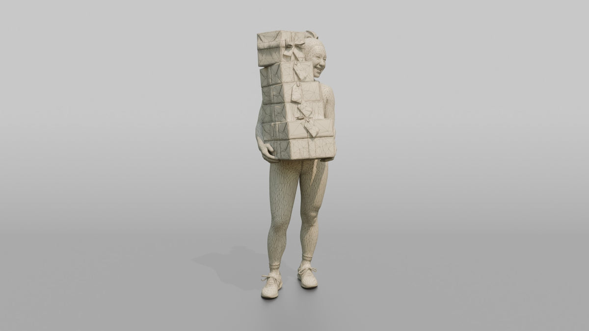 Mother Carrying A Stack Of Gift-wrapped Presents - wireframe topology preview